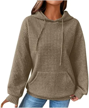 Women Waffle Plaid Knit Y2K Hoodie Drawstring Lightweight Oversized Sweatshirt Comfy Cute Pullover Streetwear Hoodies
