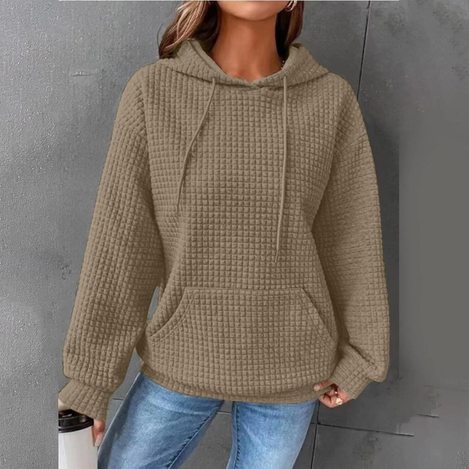 Women Waffle Plaid Knit Y2K Hoodie Drawstring Lightweight Oversized Sweatshirt Comfy Cute Pullover Streetwear Hoodies