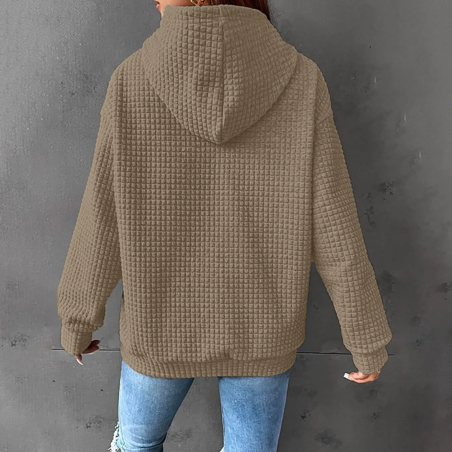 Women Waffle Plaid Knit Y2K Hoodie Drawstring Lightweight Oversized Sweatshirt Comfy Cute Pullover Streetwear Hoodies