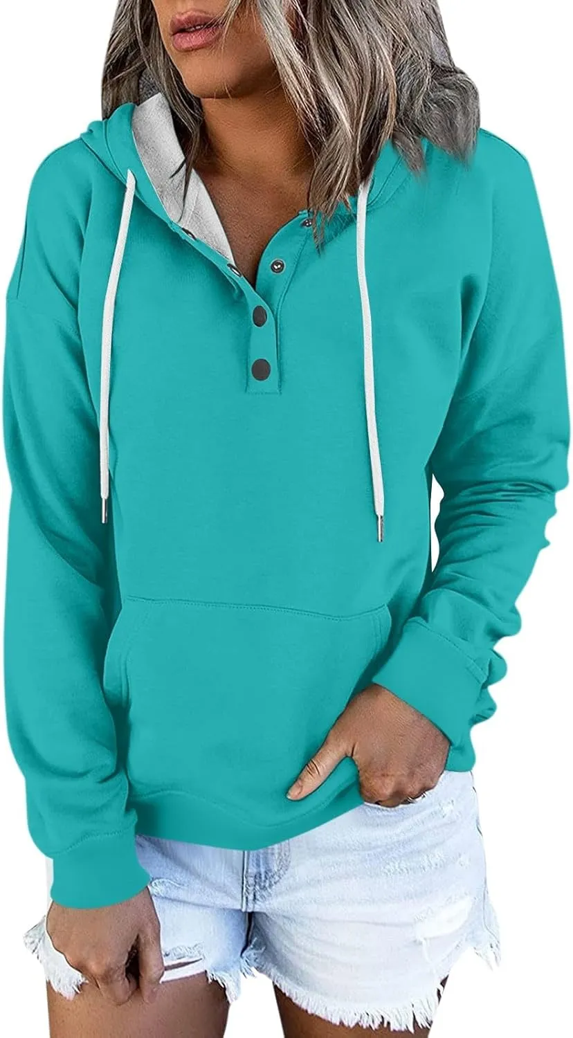 Womens 2024 Hooded Casual Button Collar Drawstring Hoodies Fall Fashion Plain Tunic Hoodies Sweatshirts