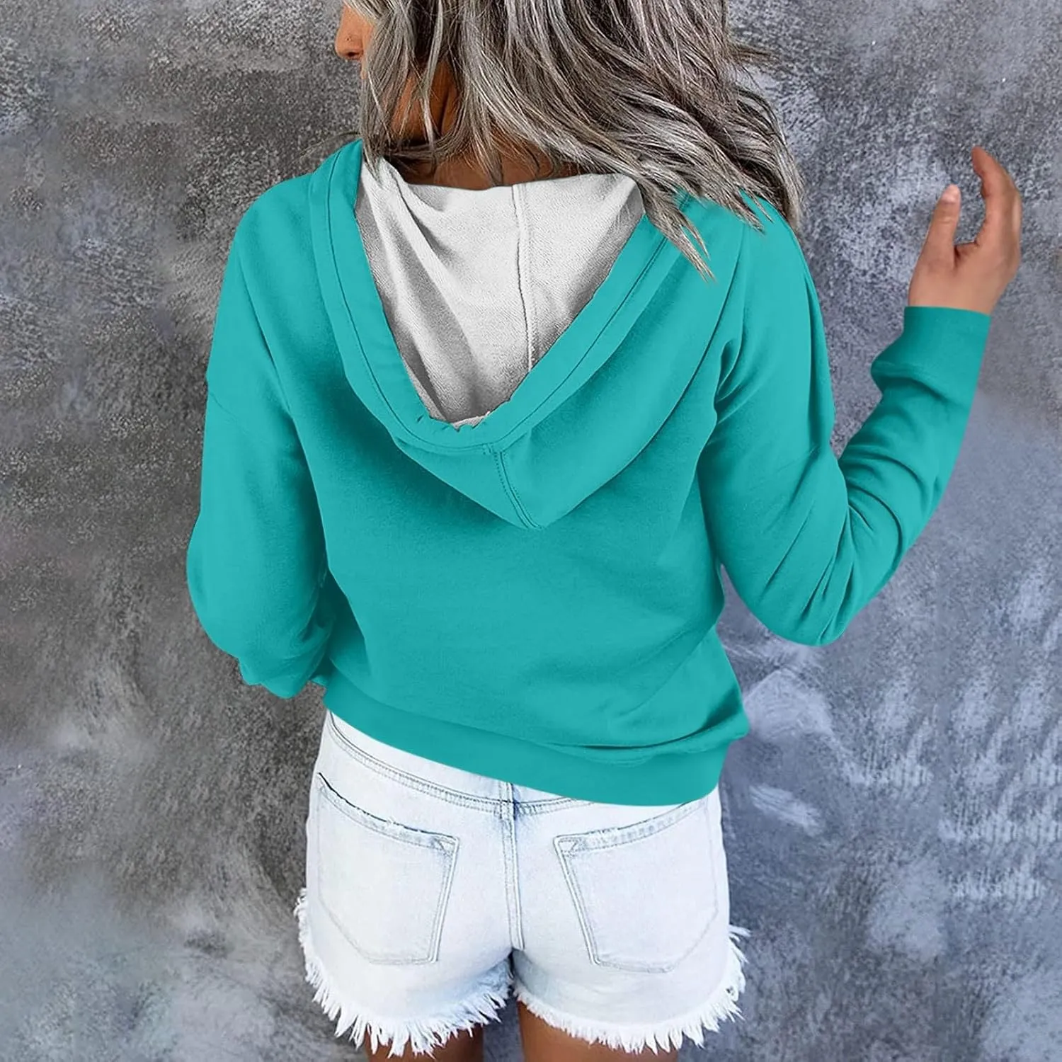 Womens 2024 Hooded Casual Button Collar Drawstring Hoodies Fall Fashion Plain Tunic Hoodies Sweatshirts
