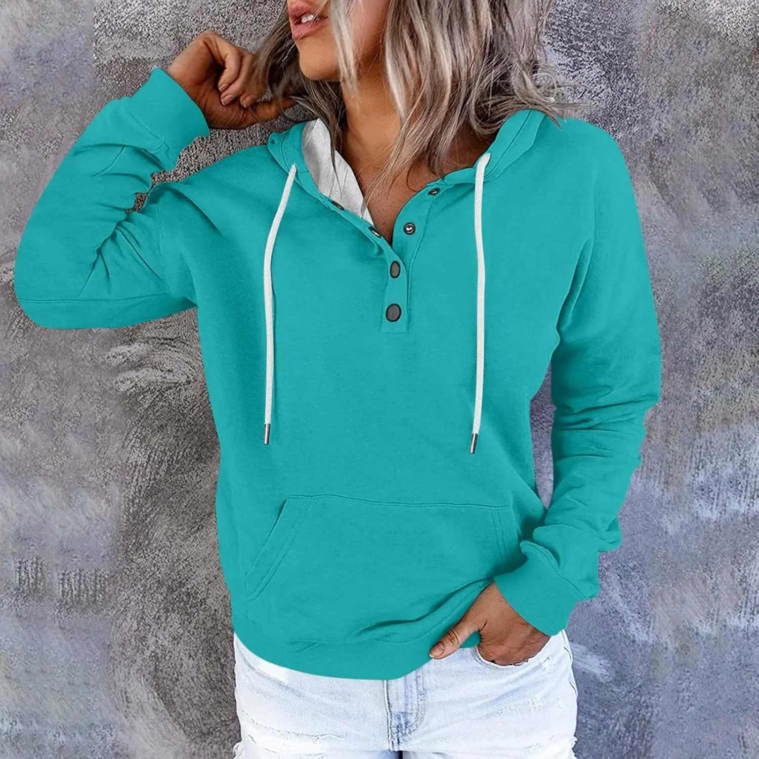 Womens 2024 Hooded Casual Button Collar Drawstring Hoodies Fall Fashion Plain Tunic Hoodies Sweatshirts