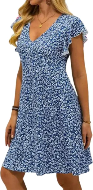 Womens Blue Floral Print Mini Dress V Neck Ruffles Short Sleeve A Line Casual Daily Dress 2025 Summer Trendy