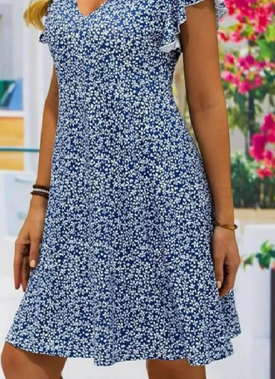 Womens Blue Floral Print Mini Dress V Neck Ruffles Short Sleeve A Line Casual Daily Dress 2025 Summer Trendy