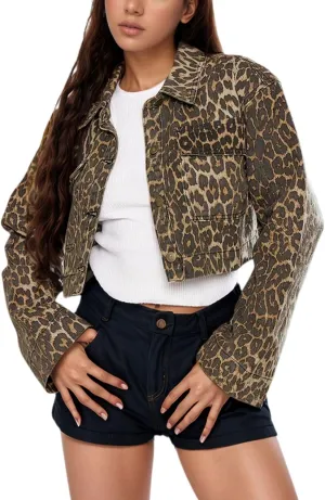 Women's Button Down Jacket Long Sleeve Cropped Top Denim Jeans Coat