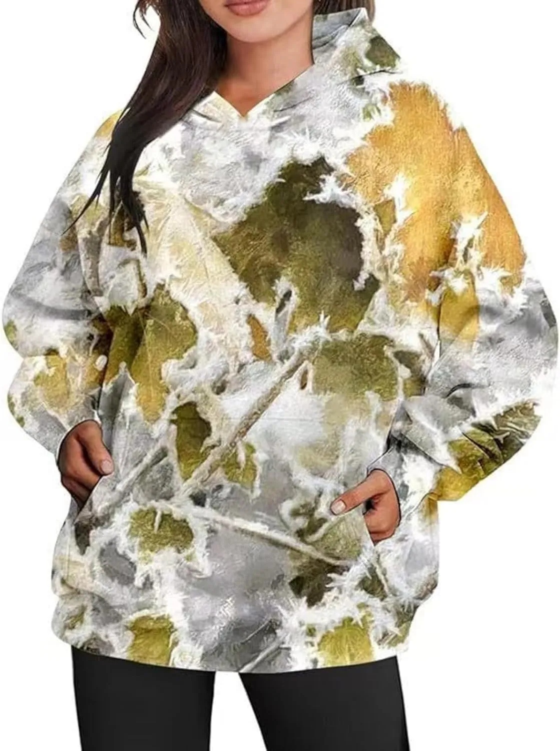 Womens Camo Hoodie Maple Leaf Print Oversized Pullover Sweatshirt Men Casual Loose Fit Long Sleeve Hoodies with Pocket