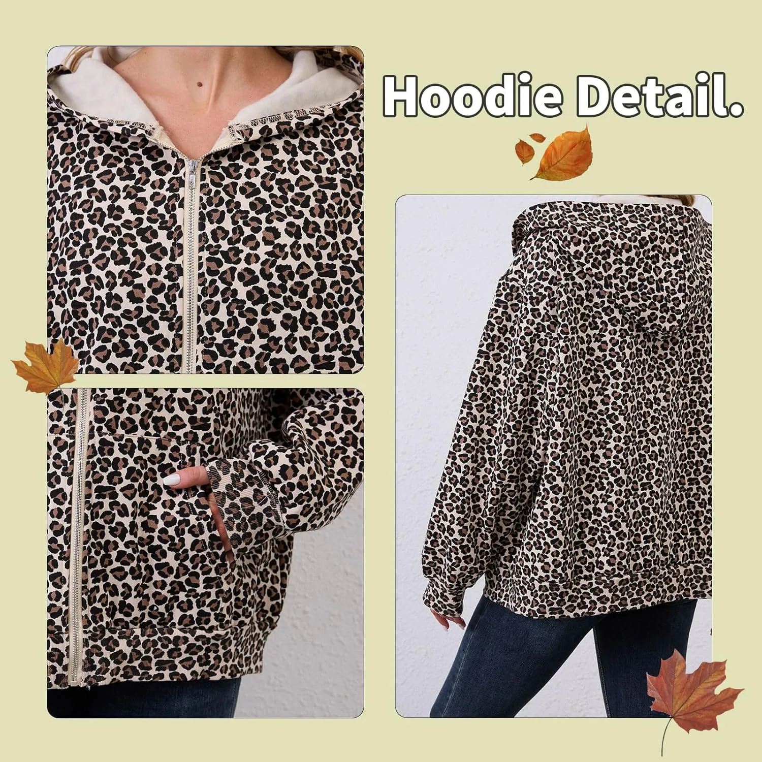 Womens Camo Zip Up Hoodie Long Sleeve Maple Leaf Print Oversized Hooded Jacket Fleece Full Zip Sweatshirt with Pockets
