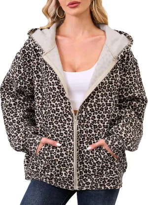 Womens Camo Zip Up Hoodie Long Sleeve Maple Leaf Print Oversized Hooded Jacket Fleece Full Zip Sweatshirt with Pockets