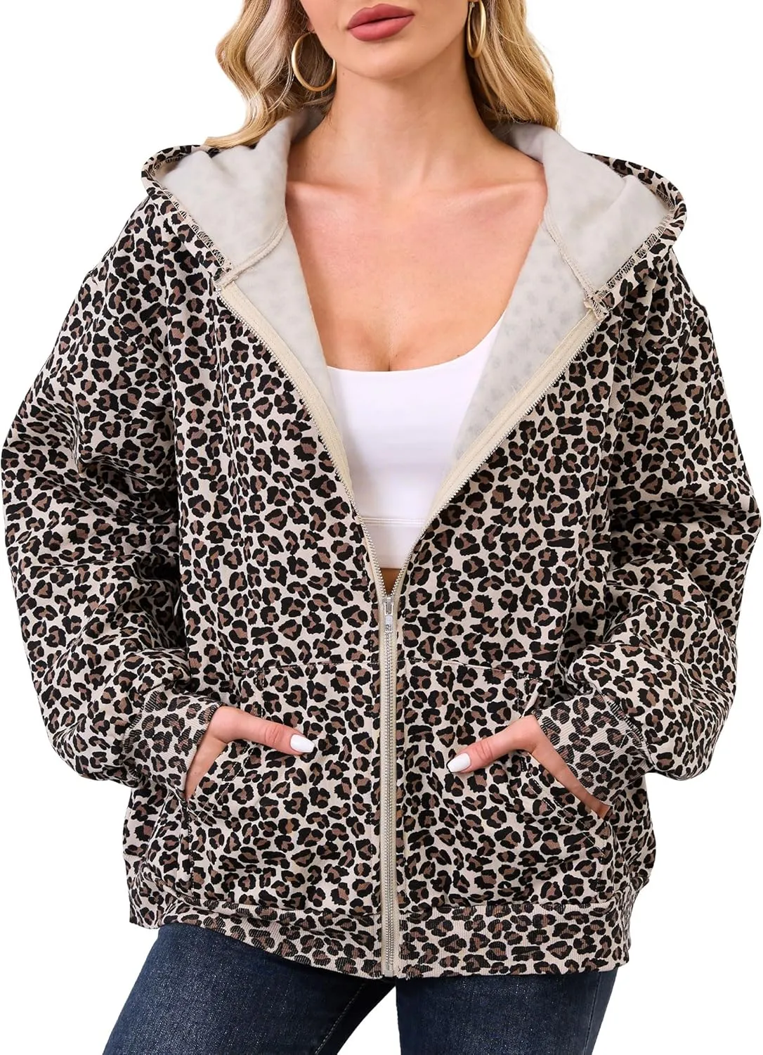 Womens Camo Zip Up Hoodie Long Sleeve Maple Leaf Print Oversized Hooded Jacket Fleece Full Zip Sweatshirt with Pockets