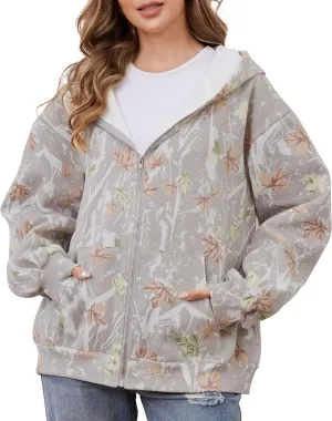 Womens Camo Zip Up Hoodie Long Sleeve Maple Leaf Print Oversized Hooded Jacket Fleece Full Zip Sweatshirt with Pockets