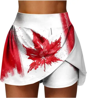 Womens Canada Flag Skorts,Satin Silk Mini Skirts for Women Vintage Maple Leaf Printed Tennis Skirts High Wasited Golf Skort