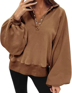 Womens Casual Button v Neck Hoodies Oversized Long Sleeve Hooded Pullover Sweatshirt Tops Fall Fashion Clothes 2023