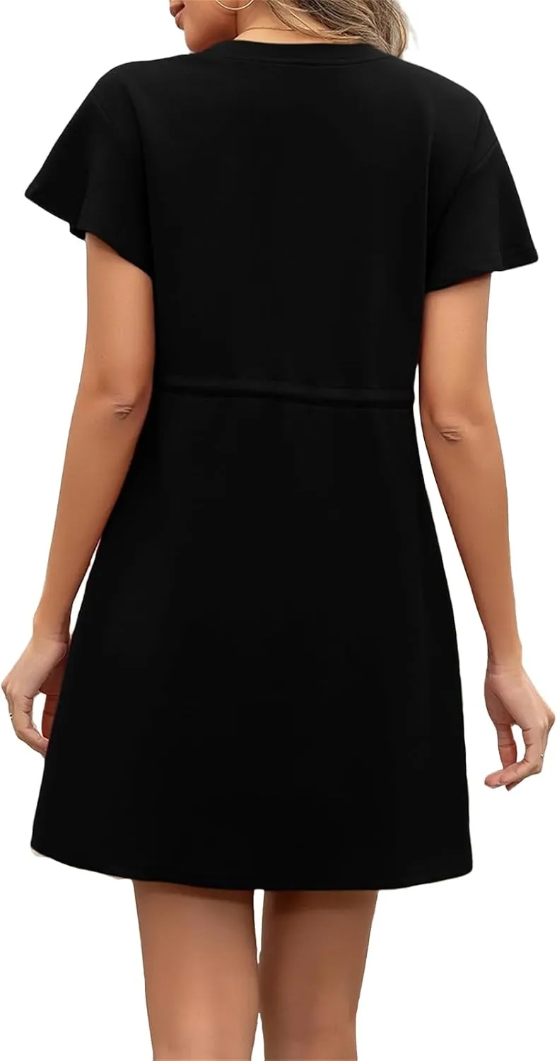 Women's Casual Dresses Ruffle Short Sleeve Crewneck Shirt Dress Drawstring Tunic Shirt Mini Sundress with Pockets