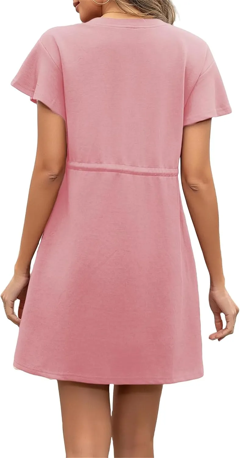 Women's Casual Dresses Ruffle Short Sleeve Crewneck Shirt Dress Drawstring Tunic Shirt Mini Sundress with Pockets