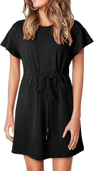 Women's Casual Dresses Ruffle Short Sleeve Crewneck Shirt Dress Drawstring Tunic Shirt Mini Sundress with Pockets