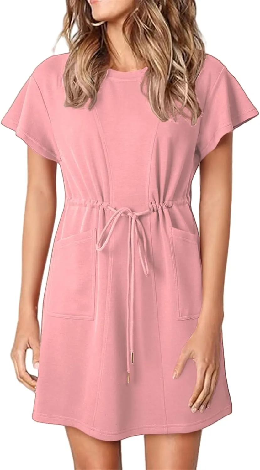 Women's Casual Dresses Ruffle Short Sleeve Crewneck Shirt Dress Drawstring Tunic Shirt Mini Sundress with Pockets