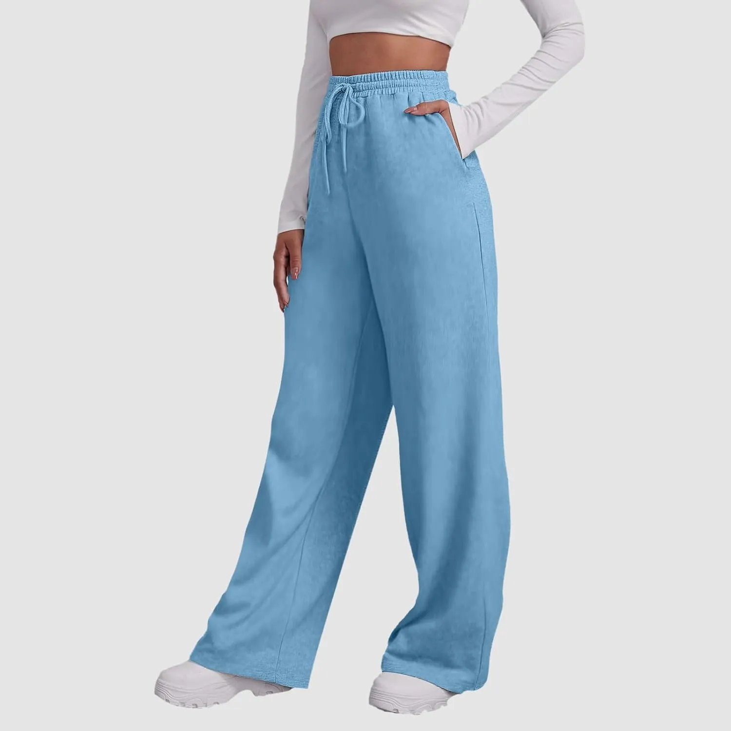 Women's Casual Loose Drawstring Wide Leg Elastic Waist Pants Ladies Lightweight Baggy Joggers Sweatpants with Pockets