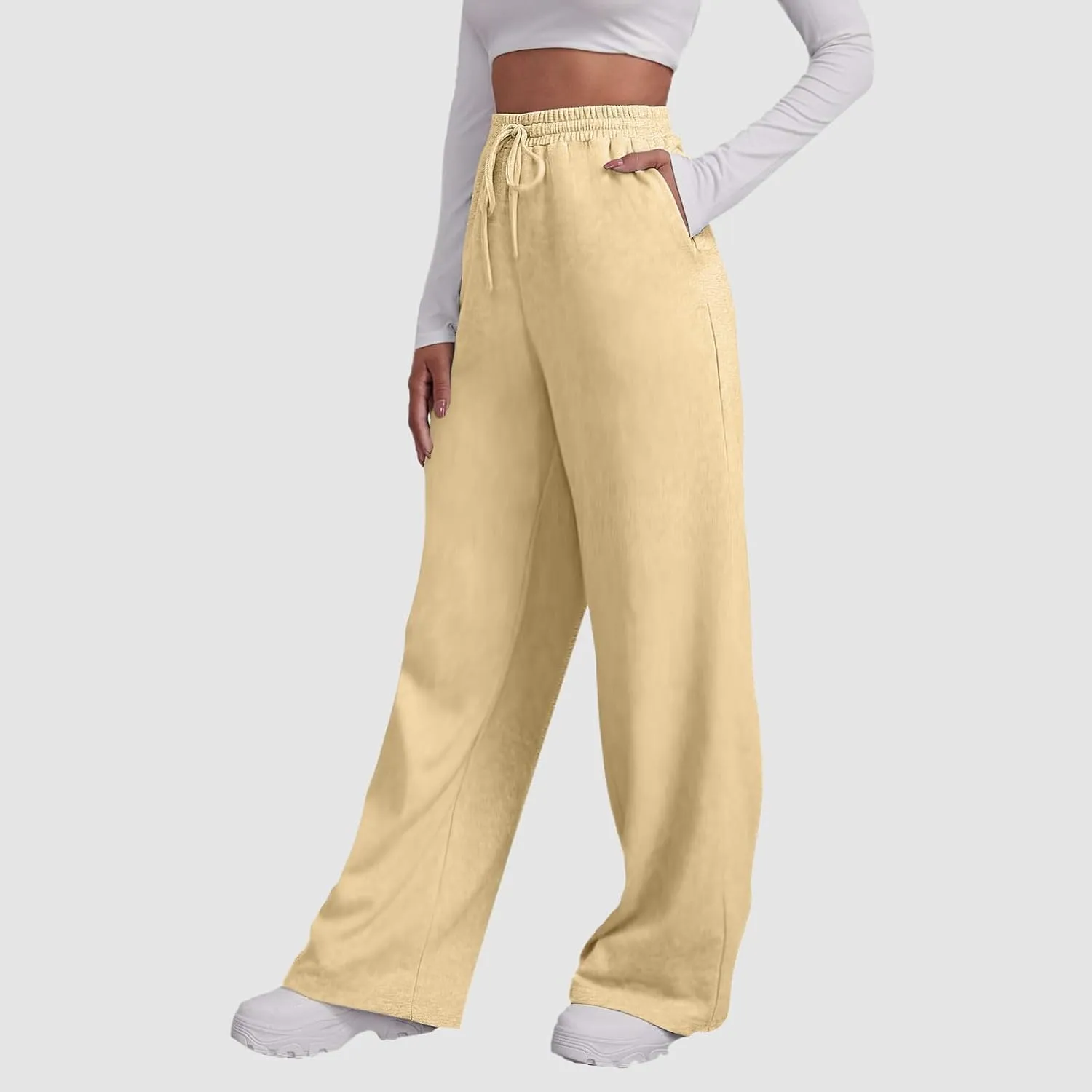 Women's Casual Loose Drawstring Wide Leg Elastic Waist Pants Ladies Lightweight Baggy Joggers Sweatpants with Pockets