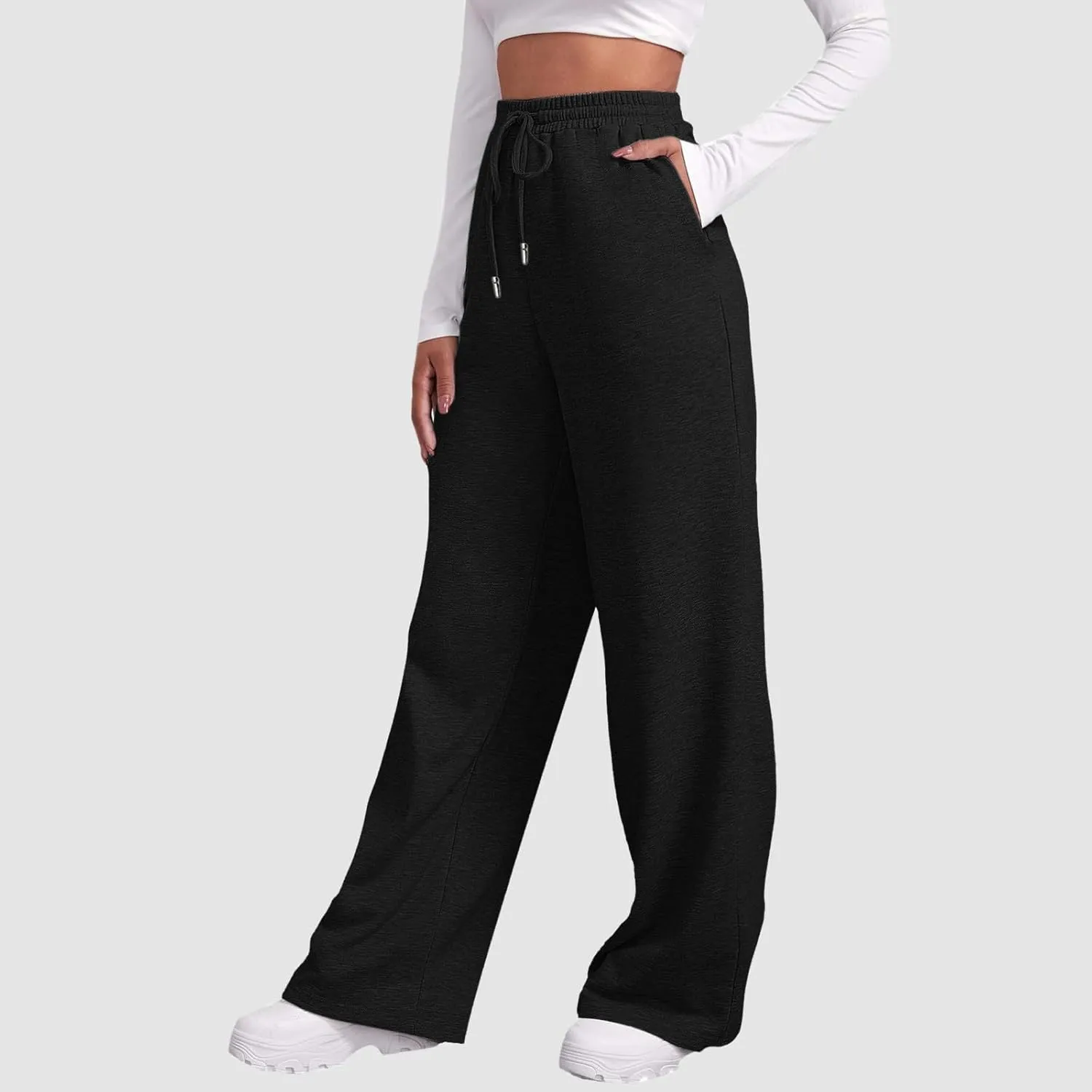 Women's Casual Loose Drawstring Wide Leg Elastic Waist Pants Ladies Lightweight Baggy Joggers Sweatpants with Pockets