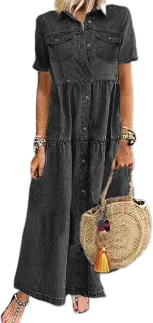 Women's Casual Short Sleeve Denim Maxi Dress Summer Loose Button Down Long Jean Shirt Dresses with Pockets