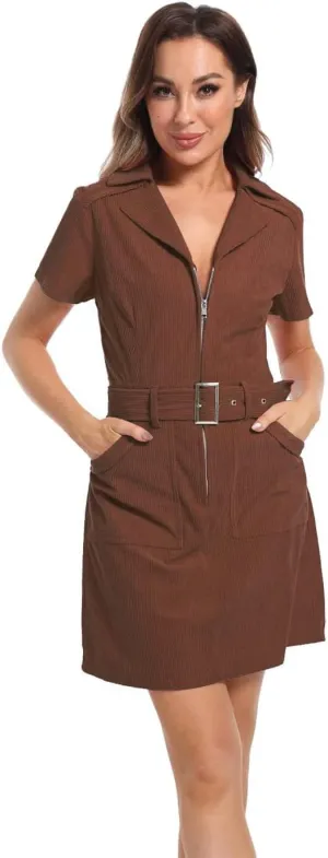 Women's Corduroy Mini Dress with Short Sleeve Lapel Zip Belt Cowgirl Dress with Pockets
