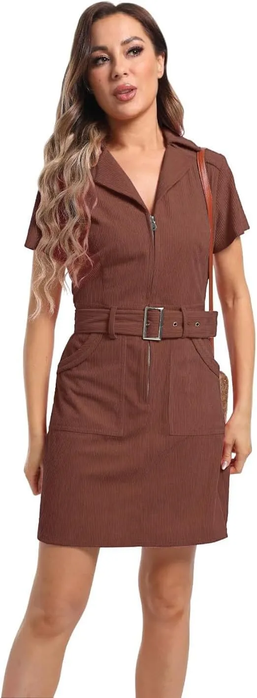 Women's Corduroy Mini Dress with Short Sleeve Lapel Zip Belt Cowgirl Dress with Pockets