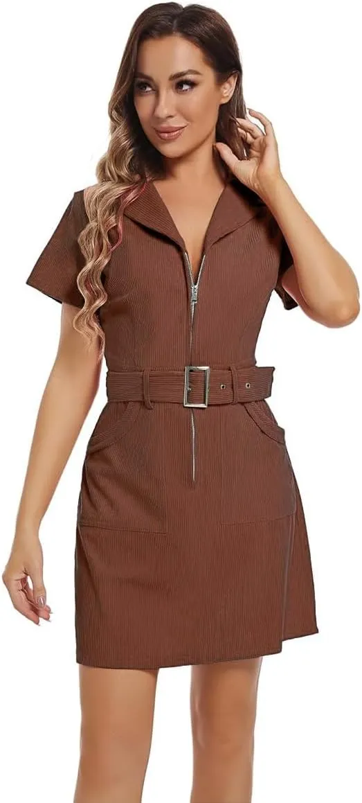 Women's Corduroy Mini Dress with Short Sleeve Lapel Zip Belt Cowgirl Dress with Pockets