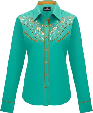 Women's Embroidered Western Cowgirl Slim Fit Shirt Long Sleeve Snap Button Down Shirt with Embroidery