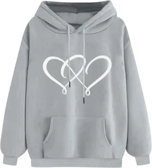 Women's Graphic Hoodies Heart Print Drawstring Long Sleeve Pocket Sweatshirt Casual Loose Fit Crewneck Pullover Tops