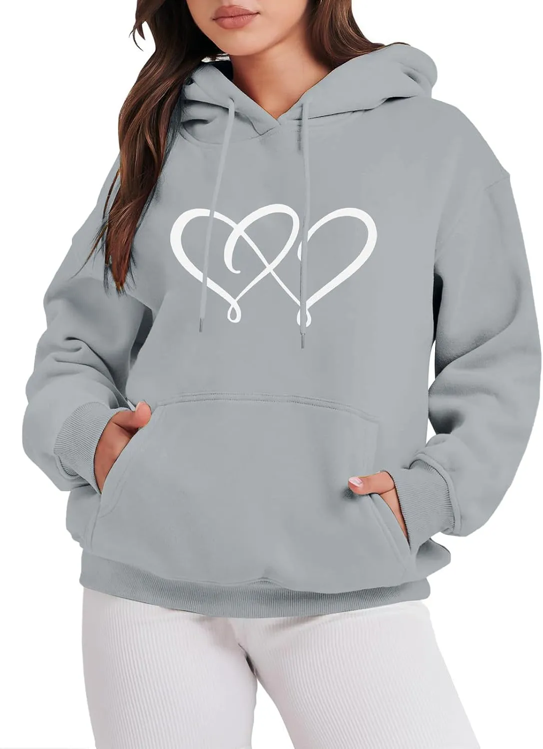 Women's Graphic Hoodies Heart Print Drawstring Long Sleeve Pocket Sweatshirt Casual Loose Fit Crewneck Pullover Tops