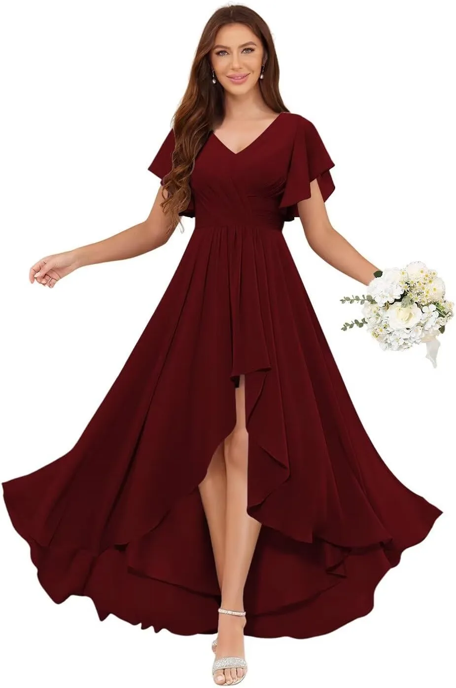 Women's High Low V Neck Bridesmaid Dresses Long Flutter Sleeves Chiffon Formal Dress with Pockets VS204