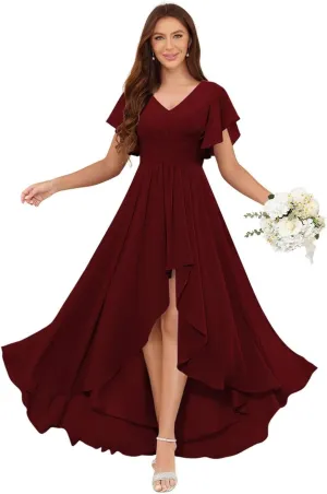 Women's High Low V Neck Bridesmaid Dresses Long Flutter Sleeves Chiffon Formal Dress with Pockets VS204