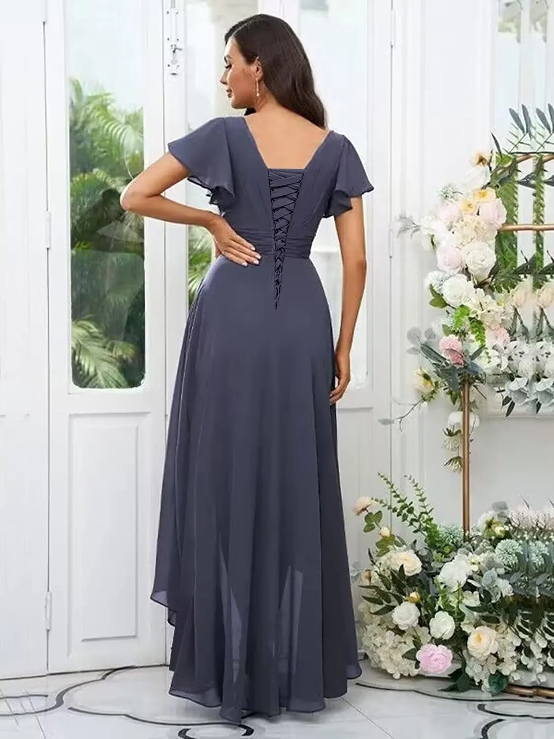 Women's High Low V Neck Bridesmaid Dresses Long Flutter Sleeves Chiffon Formal Dress with Pockets VS204