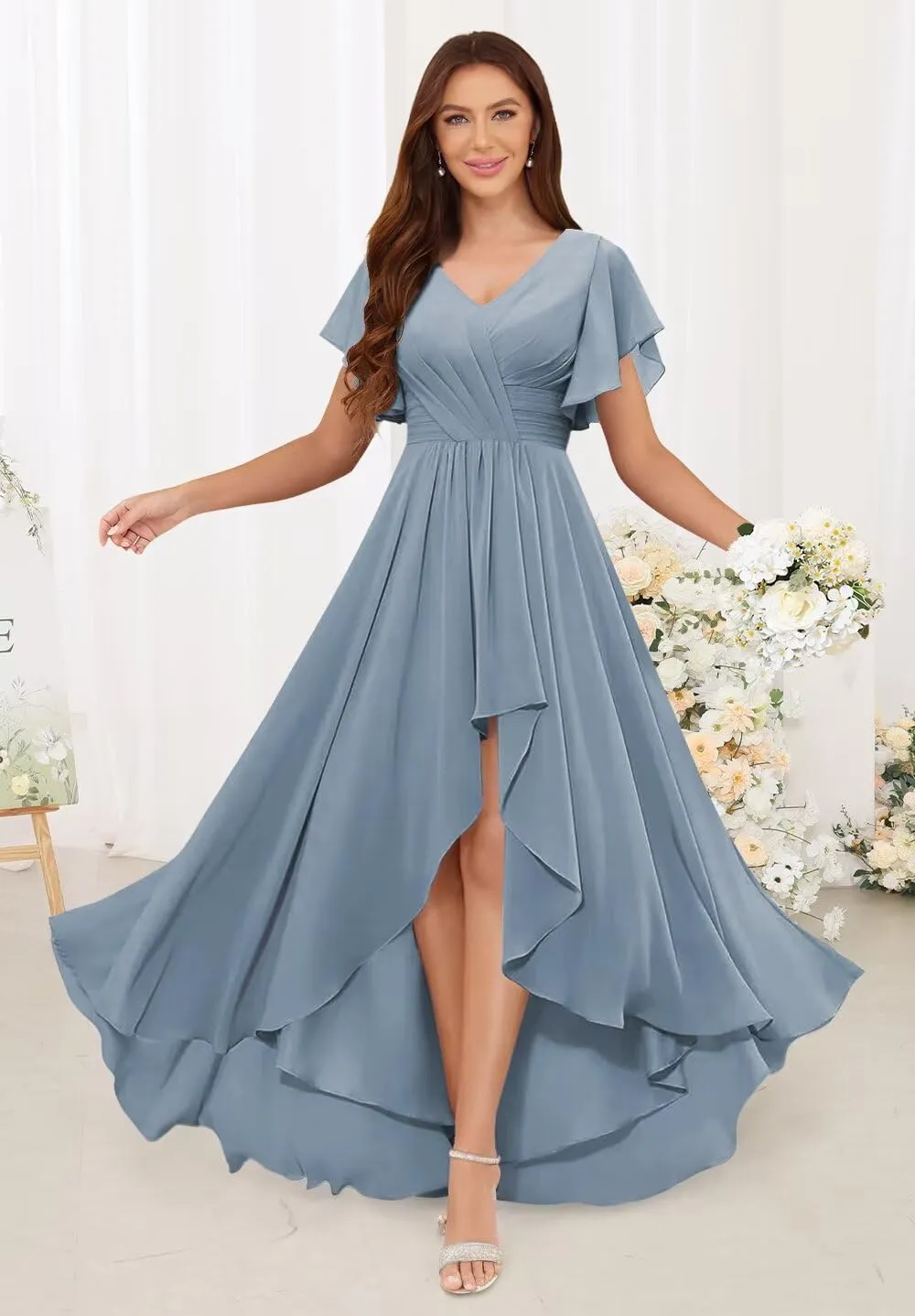 Women's High Low V Neck Bridesmaid Dresses Long Flutter Sleeves Chiffon Formal Dress with Pockets VS204