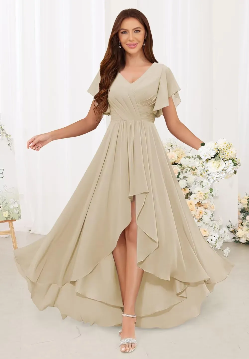 Women's High Low V Neck Bridesmaid Dresses Long Flutter Sleeves Chiffon Formal Dress with Pockets VS204