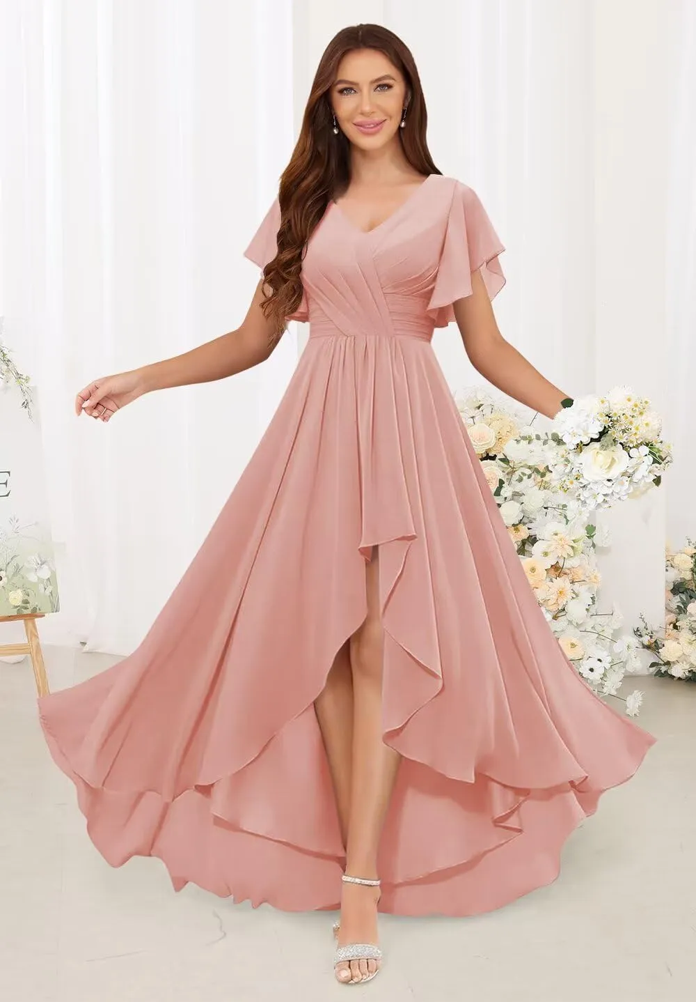 Women's High Low V Neck Bridesmaid Dresses Long Flutter Sleeves Chiffon Formal Dress with Pockets VS204