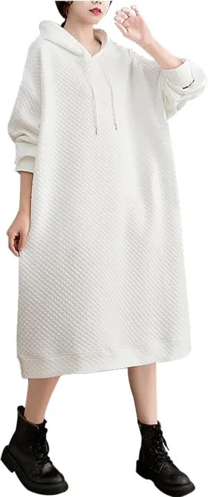Women's Hooded Sweatshirt Dress Oversized Pullover Dresses Loose Fit Waffle Casual Hoodie Maxi Dress with Pockets