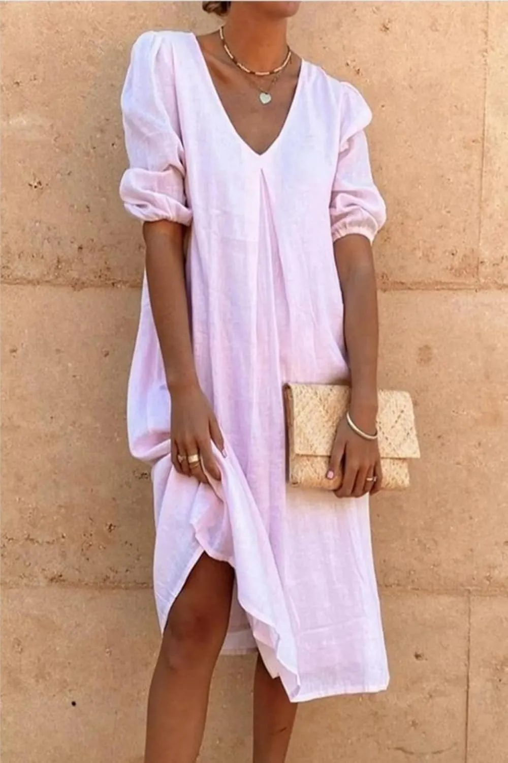Womens Linen Dress V Neck Puff Sleeve Tunic Dress Solid Color Casual Loose Vacation Summer Beach Midi Dresses