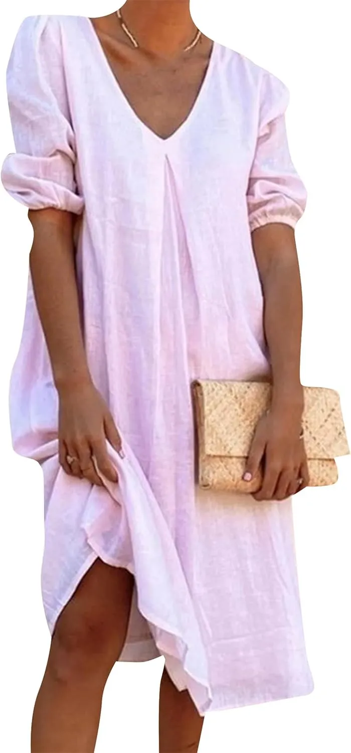 Womens Linen Dress V Neck Puff Sleeve Tunic Dress Solid Color Casual Loose Vacation Summer Beach Midi Dresses