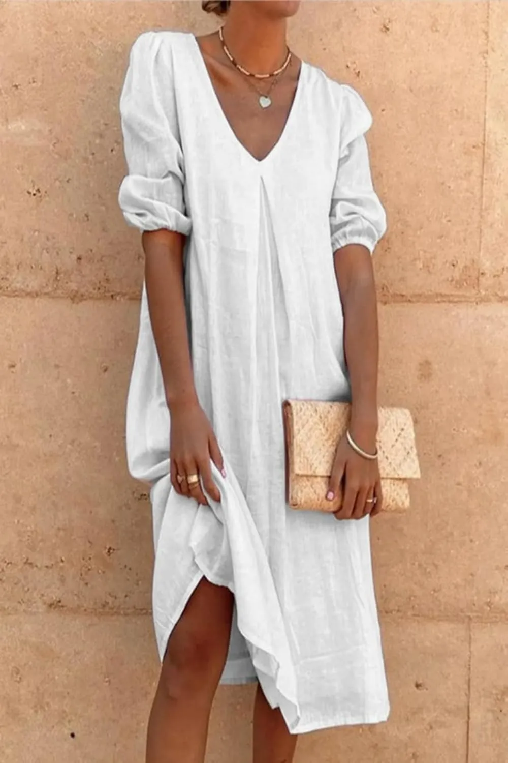 Womens Linen Dress V Neck Puff Sleeve Tunic Dress Solid Color Casual Loose Vacation Summer Beach Midi Dresses