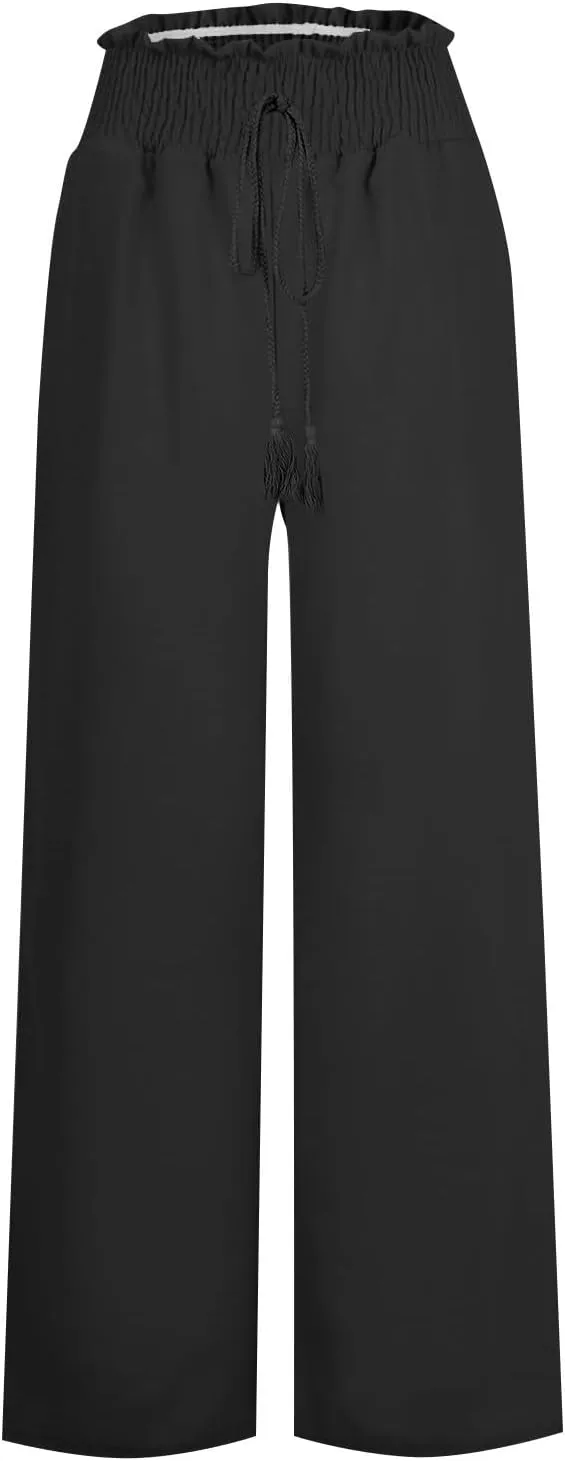 Women's Linen Pants Summer Casual Flowy Palazzo Beach Pants Drawstring High Waisted Wide Leg Trousers Vacation Slacks