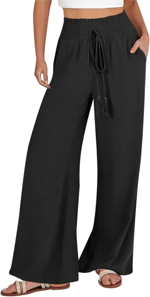 Women's Linen Pants Summer Casual Flowy Palazzo Beach Pants Drawstring High Waisted Wide Leg Trousers Vacation Slacks