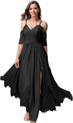 Women's Off Shoulder Chiffon Bridesmaid Dresses for Wedding Long Formal Evening Gown with Spaghetti Strap VT040