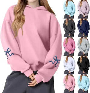 Womens Oversized Hoodies Cute Bow Trim Print Fleece Hoodies Preppy Long Sleeve Hooded Graphic Sweatshirts with Pocket