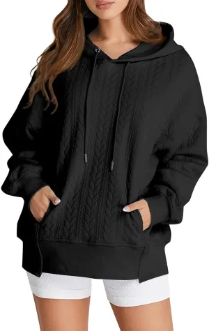 Women's Oversized Hoodies Fall Trendy Textured Long Sleeve Sweatshirt Y2k Casual Comfy Pullover Tops with Pockets