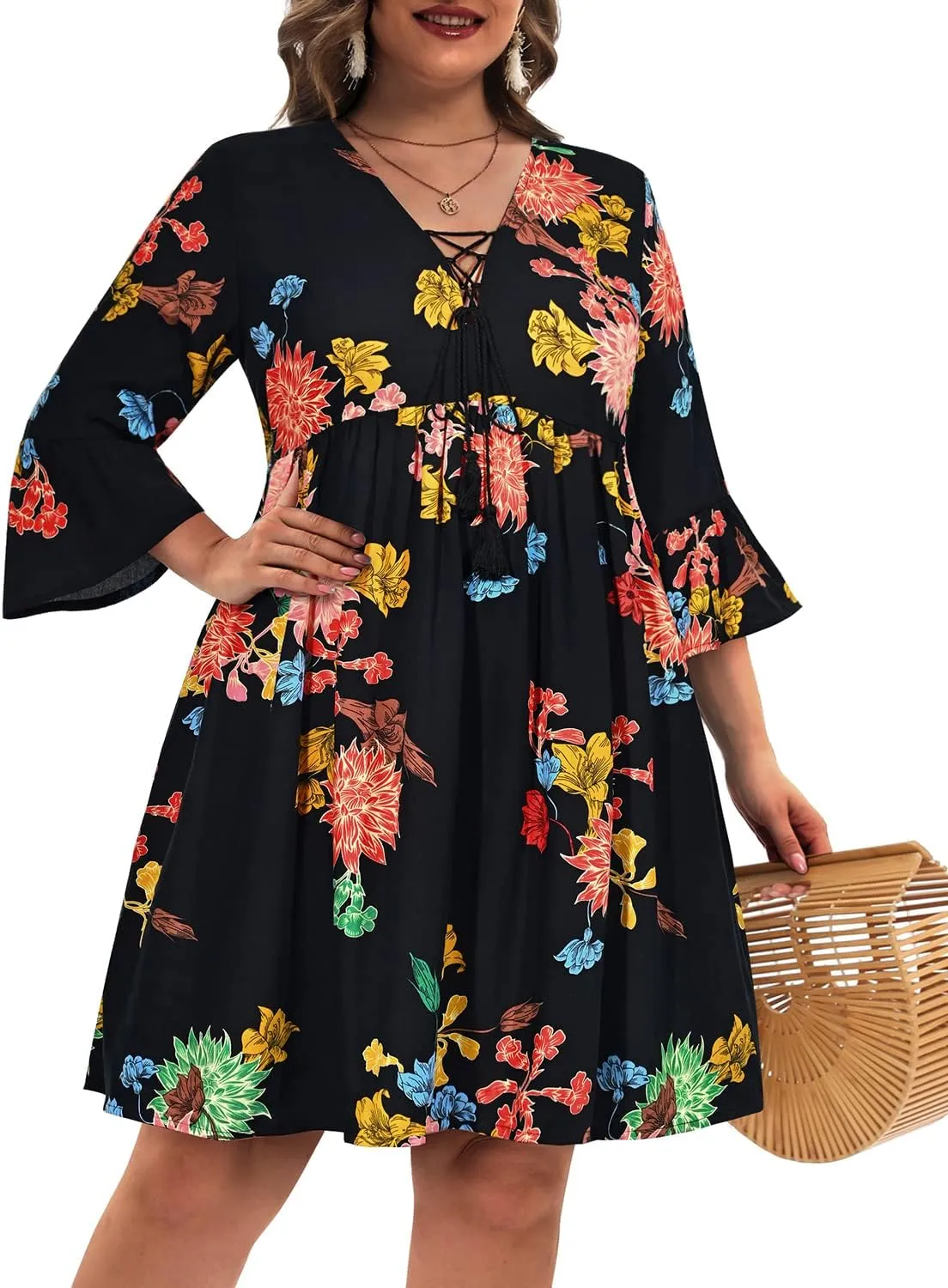 Women's Plus Size Boho Dress Floral V Neck Tassel Bell Sleeve Casual Summer Beach Flowy Mini Dress