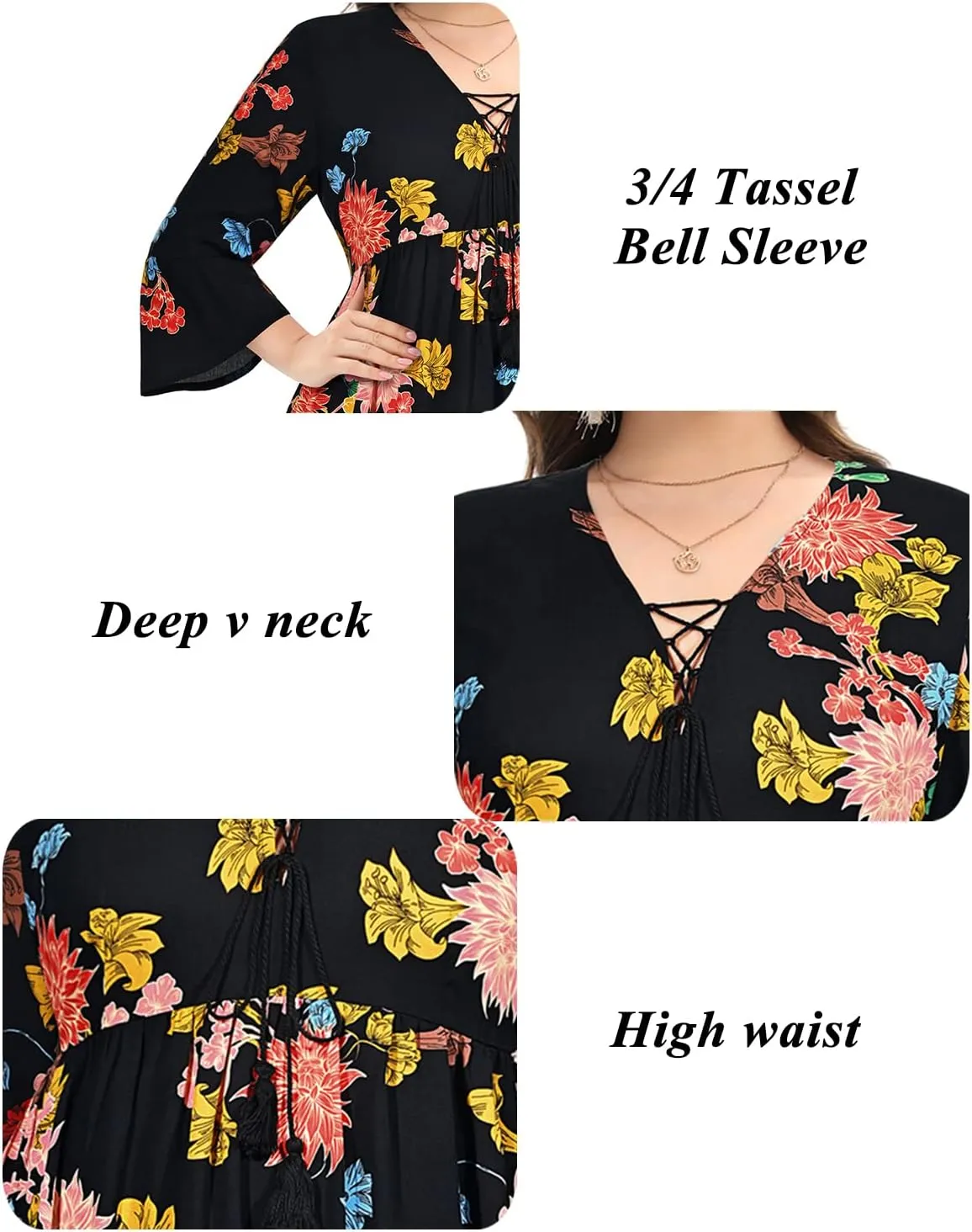 Women's Plus Size Boho Dress Floral V Neck Tassel Bell Sleeve Casual Summer Beach Flowy Mini Dress