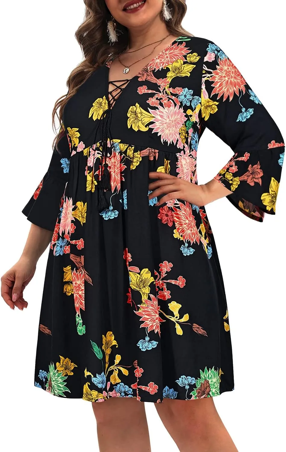 Women's Plus Size Boho Dress Floral V Neck Tassel Bell Sleeve Casual Summer Beach Flowy Mini Dress