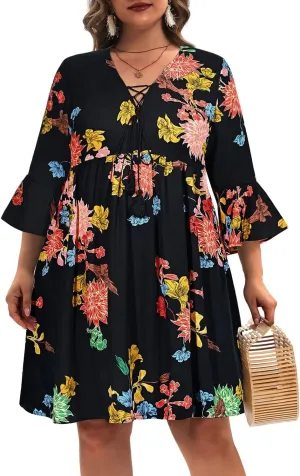 Women's Plus Size Boho Dress Floral V Neck Tassel Bell Sleeve Casual Summer Beach Flowy Mini Dress