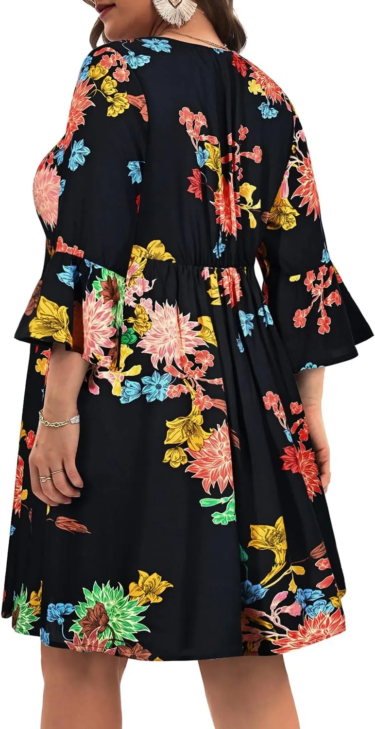 Women's Plus Size Boho Dress Floral V Neck Tassel Bell Sleeve Casual Summer Beach Flowy Mini Dress
